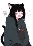  1girl ahoge animal_ear_fluff animal_ears black_cat black_hair blunt_bangs blush cat cat_ears cat_girl cat_tail closed_eyes emphasis_lines fangs grey_hoodie highres hood hoodie megateru no_nose nose_blush open_mouth original oversized_clothes paw_print sitting sleeves_past_wrists solo tail tearing_up yawning 