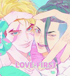  2boys aqua_eyes black_hair blonde_hair blush braid cheek-to-cheek commentary_request english_text eyelashes feel_ture17 fingerless_gloves forked_eyebrows gloves heads_together heart heart_hands heart_hands_duo highres jacket jamie_siu luke_sullivan male_focus multiple_boys official_alternate_color official_alternate_costume official_alternate_eye_color one_eye_closed open_mouth pastel_colors pink_eyes pink_jacket scar scar_across_eye scar_on_cheek scar_on_face single_bang smile street_fighter street_fighter_6 teeth upper_body 