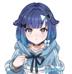  1girl :o aqua_hair black_choker blue_eyes blue_hair blue_hoodie blush choker fuusuke_(fusuke208) gradient_hair hair_flaps hair_ornament highres hood hoodie long_sleeves looking_at_viewer multicolored_hair overalls short_hair signature simple_background solo tsumugi_kokage upper_body virtual_youtuber vspo! water_drop_hair_ornament white_background white_overalls 