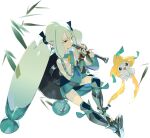  1girl black_skirt crossover e_volution eyelashes fingerless_gloves gloves green_eyes green_hair green_ribbon hands_up hatsune_miku holding holding_instrument instrument japanese_clothes jirachi kimono long_hair low-tied_long_hair music over-kneehighs playing_instrument poke_ball_print pokemon pokemon_(creature) project_voltage ribbon skirt steel_miku_(project_voltage) thigh-highs thighs twintails vocaloid white_background 