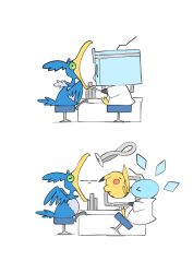  animal_ears animal_focus beak bird closed_eyes commentary_request cramorant dehydrated doctor eiscue eiscue_(ice) eiscue_(noice) green_eyes head_mirror ice ice_cube igwjgsarifbfo9u lab_coat no_humans open_mouth penguin pikachu pikachu_ears pokemon pokemon_(creature) pokemon_focus simple_background swivel_chair tail white_background 