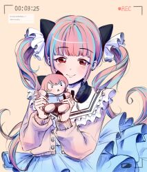  1girl bang_dream! bangjinjin82 blue_hair blue_skirt blush brown_background cardigan character_doll closed_mouth commentary_request cowboy_shot doll highres holding holding_doll korean_commentary korean_text long_hair long_sleeves multicolored_hair nail_polish nyubara_reona pink_cardigan pink_hair pink_nails recording red_eyes request_inset simple_background skirt streaked_hair tamade_chiyu translation_request twintails viewfinder 