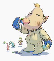  1boy asaikaina bag big_nose black_eyes blonde_hair blue_gloves blue_pikmin blue_skin blush_stickers buttons closed_eyes colored_skin creature drooling full_body gloves hand_on_own_head hands_on_own_hips holding holding_bag holding_creature hungry ice ice_pikmin leaf looking_at_creature louie_(pikmin) lying male_focus no_headwear on_side open_mouth pikmin_(creature) pikmin_(series) pink_nails pointing pointing_at_another pointy_ears pointy_nose red_eyes red_pikmin red_skin shadow short_hair simple_background size_difference solid_circle_eyes spacesuit triangle_mouth very_short_hair white_background white_pikmin white_skin yellow_pikmin yellow_skin 