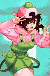  1girl absurdres animal_print aqua_background artist_logo artist_name backwards_hat bandaid bandaid_on_face bandaid_on_nose baseball_cap bethy brown_eyes brown_hair charm_(object) commentary commission commissioner_upload cowboy_shot double_v english_commentary evok_studios eyelashes frog_charm frog_on_head frog_print green_bandaid green_overalls green_suspenders hair_between_eyes hands_up hat highres hood hood_down hoodie indie_virtual_youtuber logo looking_at_viewer medium_hair open_mouth outline overalls pink_hat pink_hoodie second-party_source short_twintails sidelocks solo teeth thighs tomboy tongue twintails upper_teeth_only v virtual_youtuber yellow_outline 