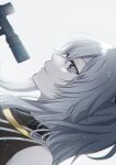  1girl black_eyes black_shirt from_side grey_hair hair_between_eyes highres hololive long_hair microphone portrait profile shirt shishiro_botan shishiro_botan_(1st_costume) sideways_glance simple_background solo sui_(camellia) white_background 