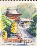  6+others autumn_leaves building highres mountain multiple_others original painting_(medium) scenery shrine sketch stairs temple toirom_pmxh traditional_media tree 