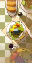  1other absurdres apple bread checkered_tablecloth cherry_tomato closed_eyes cup flxphlx food fork from_above fruit fruit_bowl full_body garnish grapes grin hashtag-only_commentary highres knife lettuce lying mango mini_person on_side orange_(fruit) painterly pear pepper_shaker player_character_(roblox) roblox salad salt_shaker shadow smile tomato 