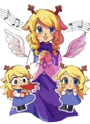  1girl angel_wings antlers beamed_eighth_notes blue_eyes braid commentary cup deer_antlers deer_girl deltarune dress furry furry_female half_note highres holding holding_cup horns juice long_hair mugi062 musical_note musical_staff noelle_holiday open_mouth own_hands_together purple_dress quarter_note spit_take spitting twin_braids utdr_(toby_fox) white_sleeves white_wings wings 