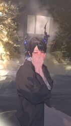  2girls absurdres alternate_costume asymmetrical_horns black_hair black_kimono blue_hair blush colored_inner_hair commentary covering_own_mouth english_commentary facing_viewer flower hair_bun hands_up highres hololive hololive_english horn_flower horns japanese_clothes kimono long_sleeves multicolored_hair multiple_girls nerissa_ravencroft onsen shiori_novella short_hair single_hair_bun sitting solo_focus steam swept_bangs thekaiyip uneven_horns virtual_youtuber 