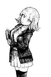  1007_(user_efdp7853) 1girl :o absurdres blush breasts collared_shirt danganronpa_(series) danganronpa_2:_goodbye_despair flipped_hair galaga greyscale hair_ornament handheld_game_console highres holding holding_handheld_game_console jacket long_sleeves looking_at_viewer medium_hair monochrome nanami_chiaki neck_ribbon open_clothes open_jacket pleated_skirt ribbon shirt skirt solo spaceship_hair_ornament thigh-highs 