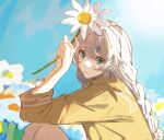  1girl alternate_costume blue_eyes blue_sky braid closed_mouth ezsesp flower hair_between_eyes highres holding holding_flower honkai_(series) honkai_impact_3rd kiana_kaslana long_hair looking_at_viewer outdoors shirt sitting sky solo white_flower white_hair yellow_shirt yellow_sleeves 