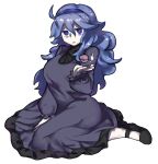  1girl aaaa_(aaaa480) black_footwear blue_eyes blue_hair breasts colored_skin commentary_request cookie_(touhou) cosplay cowlick dress fingernails frilled_dress frills frown full_body grey_dress hair_between_eyes hairband hex_maniac_(pokemon) hex_maniac_(pokemon)_(cosplay) kofji_(cookie) large_breasts long_bangs long_dress long_hair looking_at_viewer mary_janes messy_hair middle_finger open_mouth poke_ball pokemon pokemon_(game) pokemon_oras purple_hairband shoes simple_background sitting solo transparent_background wariza white_skin 