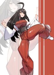  absurdres ahoge bare_shoulders black_hair black_leotard breasts commission crop_top detached_sleeves foot_out_of_frame highres large_breasts leotard leotard_under_clothes lipstick long_hair long_sleeves m.u.g.e.n makeup pants pixiv_commission red_background red_pants red_shirt sendai_hakurei_no_miko sendai_hakurei_no_miko_(m.u.g.e.n) shirt simple_background socks standing standing_on_one_leg topsu touhou very_long_hair white_background white_socks wide_sleeves yellow_eyes 