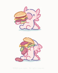  2025 artist_name axolotl bacon burger eating food highres no_humans open_mouth original simple_background sitting tomato usalupa 