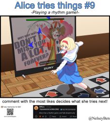  2girls ahoge alice_margatroid arrow_(symbol) back_bow badge black_necktie blonde_hair blue_dress blue_eyes blush bnelsey boots bow brown_boots brown_hair button_badge capelet closed_eyes commentary crossover dress dress_shirt employee_uniform english_commentary english_text fast_food_uniform hairband hand_on_own_chest hat headset imadake_dabuchi_tabemi iosys ko-fi_logo long_sleeves marisa_stole_the_precious_thing mcdonald's medium_hair multiple_girls music necktie open_mouth outstretched_arm qr_code red_hairband red_hat request_inset screenshot_inset shadow shirt short_hair silhouette singing smile striped_clothes striped_shirt sweatdrop tasuki tie_clip touhou twintails twitter_username vertical-striped_clothes vertical-striped_shirt visor_cap web_address white_capelet white_shirt wristband yellow_happi 