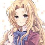  1girl alfin_reise_arnor blonde_hair braid braided_ponytail curtained_hair eiyuu_densetsu long_hair looking_at_viewer natsusechoco portrait sen_no_kiseki sidelocks single_braid smile solo upper_body violet_eyes 