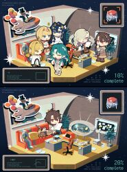  1boy 5girls absurdres adversarial_noise apron black_boots black_dress blonde_hair blue_eyes blue_hair boots brown_boots brown_coat brown_hair bulletin_board chair chibi coat colored_inner_hair couch ding_(vessel) dress fish_tank floorplan flower green_eyes grey_boots grey_coat grey_dress han_zhang_(reverse:1999) highres hissabeth jacket kiperina long_hair multicolored_hair multiple_girls name_day_(reverse:1999) newt office office_chair pants pixel_text plant pointer_(reverse:1999) potted_plant push-button reverse:1999 rocket salamander shirt short_hair snake snake_on_head sunflower swivel_chair table tn_kn1000 violet_eyes voyager_(reverse:1999) white_apron white_coat white_hair white_jacket white_pants white_shirt windsong_(reverse:1999) yellow_eyes 
