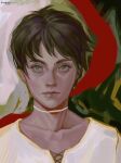  1boy boopsy brown_hair eren_yeager expressionless green_eyes highres looking_at_viewer painterly portrait realistic rotational_symmetry scarf shingeki_no_kyojin short_hair solo straight-on thick_eyebrows 