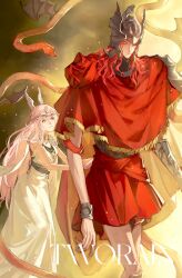  1boy 1girl arm_armor artist_name bare_shoulders bracelet breasts brown_background cape cloak closed_mouth commentary commission dress elden_ring elden_ring:_shadow_of_the_erdtree english_commentary feet_out_of_frame forehead_protector gold_collar green_eyes helmet highres jewelry light_particles lips long_hair messmer_the_impaler nose one_eye_closed parted_lips pink_hair red_cape red_cloak red_hair red_skirt red_snake skirt small_breasts smile tarnished_(elden_ring) tworain_w very_long_hair violet_eyes white_dress winged_hair_ornament yellow_eyes 