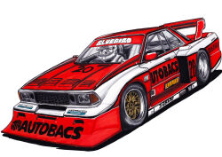  1boy autobacs car commentary_request driving dunlop highres motor_vehicle nissan nissan_bluebird original race_vehicle racecar rollcage side-view_mirror spoiler_(automobile) sponsor takashi_mamiya windshield 