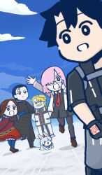  2girls 3boys black_hair blonde_hair blue_sky bright_pupils brown_hair clouds command_spell commentary_request creature dutch_angle fate/grand_order fate_(series) fou_(fate) fujimaru_ritsuka_(male) fujimaru_ritsuka_(male)_(polar_chaldea_uniform) fujimaru_ritsuka_wa_wakaranai game_cg goredolf_musik leonardo_da_vinci_(fate) leonardo_da_vinci_(rider)_(fate) leonardo_da_vinci_(rider)_(first_ascension)_(fate) male_focus mash_kyrielight multiple_boys multiple_girls novum_chaldea official_art open_mouth outdoors pink_hair sherlock_holmes_(fate) shouting sky third-party_source tsuchida white_pupils 
