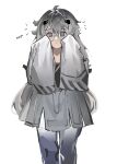  1girl absurdres ahoge closed_mouth dress glasses grey_dress grey_eyes grey_hair grey_pantyhose hair_between_eyes headgear highres long_hair looking_at_viewer no.21:_xxi_(punishing:_gray_raven) pantyhose punishing:_gray_raven red_pupils sleeves_past_fingers sleeves_past_wrists solo translation_request very_long_hair white_background yongsadragon 