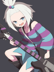  1girl bass_guitar black_boots blue_eyes blush boots bra_strap breasts dress forehead guitar hair_bobbles hair_ornament hiyoshipow holding holding_bass_guitar holding_guitar holding_instrument instrument looking_at_viewer multicolored_hair_bobbles open_mouth pokemon pokemon_bw2 roxie_(pokemon) short_hair simple_background smile solo striped_clothes striped_dress teeth topknot white_hair 