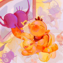  2boys bare_arms bare_shoulders big_nose black_eyes black_tank_top blonde_hair blush brown_hair closed_eyes colored_skin faceless faceless_male fingernails floating full_body highres indoors kneeling light_blush looking_at_another looking_at_creature louie_(pikmin) male_focus multiple_boys no_mouth nose_blush olimar open_mouth partially_undressed pikmin_(creature) pikmin_(series) purple_hair purple_pikmin purple_skin red_eyes shadow short_hair solid_circle_eyes spacecraft_interior spacesuit tank_top tearing_up very_short_hair white_pikmin white_skin window yu_pikmin zero_gravity 