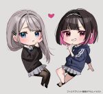  2girls bike_shorts bike_shorts_under_skirt black_hair black_pantyhose black_shorts black_sweater blue_eyes blue_jacket chibi chigusa_minori collared_shirt full_body grey_hair grey_skirt hands_up jacket long_hair long_sleeves multicolored_hair multiple_girls open_mouth pantyhose parted_lips pink_eyes pink_hair pleated_skirt saotome_shino_(shino_to_ren) shino_to_ren shirayuki_ren shirt short_hair shorts simple_background skirt smile sweater two-tone_hair 