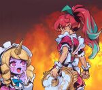  2girls :d angry arm_at_side blush bow bowtie cafe_cuties_sivir cafe_cuties_soraka dress drill_hair fire gem green_bow green_bowtie green_hair holding holding_tray horns large_bow league_of_legends long_hair looking_at_another looking_at_viewer looking_back maid_headdress multiple_girls phantom_ix_row pink_eyes ponytail puffy_short_sleeves puffy_sleeves red_dress redhead short_sleeves side_drill single_horn sivir smile soraka_(league_of_legends) standing sweatdrop tray twin_drills white_bow 