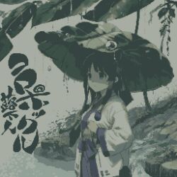  1girl daisen_(specialdaisen) expressionless japanese_clothes landscape leaf leaf_background leaf_umbrella looking_afar non-web_source original partially_colored pixel_art rain simple_background water_drop 