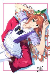  1girl animal_ears black_bow blue_eyes blush bow brown_shoes closed_mouth ear_covers hairband highres horse_ears horse_girl kibidango_14-gou long_hair looking_at_viewer lying on_back orange_hair purple_shirt sailor_collar school_uniform shirt shoes short_hair silence_suzuka_(umamusume) skirt smile solo thigh-highs tracen_school_uniform umamusume white_hairband white_sailor_collar white_skirt white_sleeves white_thighhighs zettai_ryouiki 