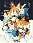  2boys animal_ears blue_eyes copyright_name fox fox_ears fox_tail gloves greyscale happy_birthday highres monochrome multiple_boys nic_kenten open_mouth red_footwear shoes sonic_(series) star_(symbol) tail tails_(sonic) white_gloves yellow_fur 