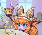  1girl :o blush bow cafe_cuties_lulu cat colored_skin fairy_wings food green_eyes hair_bow hands_up league_of_legends long_hair lulu_(league_of_legends) maid_headdress mole mole_under_eye muffin orange_hair phantom_ix_row pink_skin red_bow solo window wings yordle 