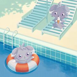  chair closed_mouth eating espurr food highres holding holding_food holding_ice_cream ice_cream ice_cream_cone innertube looking_at_viewer no_humans open_mouth outdoors pokemon pokemon_(creature) pokemon_focus pool pool_ladder poolside ramune_(sea_glassblue) swim_ring violet_eyes water 