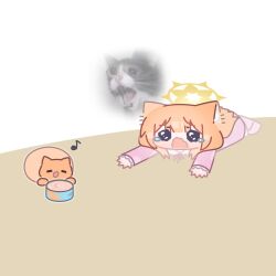  1girl animal_ear_fluff animal_ears blue_archive blunt_bangs can canned_food cat chibi commentary crying_cat_(meme) english_commentary halo highres horuhara long_hair long_sleeves lying mari_(blue_archive) meme musical_note neck_ribbon no_nose on_stomach open_mouth outstretched_arms pajamas pet_food pink_pajamas polka_dot polka_dot_pajamas ribbon tearing_up wavy_eyes wavy_mouth yellow_halo 