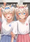  2girls animal_ear_fluff animal_ears blonde_hair blue_eyes blue_hair blush closed_mouth dog_ears dog_girl fuwawa_abyssgard hair_ornament hairpin highres hololive hololive_english hyk0806 long_hair looking_at_viewer medium_hair mococo_abyssgard multicolored_hair multiple_girls open_mouth pink_eyes pink_hair siblings sisters smile streaked_hair teeth twins upper_teeth_only v virtual_youtuber x_hair_ornament 