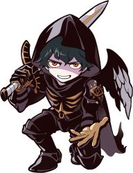  1boy anime_coloring arm_guards armor black_armor black_cape black_gloves black_hood black_theme brown_gloves cape codpiece crazy_raccoon cuirass cuisses facing_viewer full_body gloves gradient_cape greaves green_hair grey_sleeves holding holding_sword holding_weapon hood hood_up hooded_cape kneeling male_focus no_nose official_art open_hand outstretched_arm pauldrons plate_armor poleyn print_armor puppeteer7777 ripasuko sabaton sanpaku second-party_source shoulder_armor smile solo sword tachi-e teeth thick_lineart transparent_background two-tone_gloves wavy_hair weapon white_wings wings 