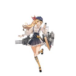  1girl artist_request baseball_cap black_shoes blonde_hair blue_dress blue_hat bow chicago_(warship_girls_r) dress frilled_dress frilled_sleeves frills full_body hair_ribbon hat highres kneehighs leg_up long_hair long_sleeves looking_at_viewer mary_janes official_art open_mouth ponytail red_eyes red_ribbon ribbon rigging shirt shoes socks standing standing_on_one_leg transparent_background v warship_girls_r white_shirt yellow_bow 