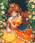  1girl aqua_eyes artist_name blush brown_hair crown dress earrings flower flower_earrings gloves itzah jewelry long_hair looking_at_viewer pixel_art princess_daisy puffy_short_sleeves puffy_sleeves short_sleeves sidelocks skirt_hold smile solo super_mario_bros. white_gloves yellow_dress 