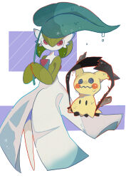  1girl absurdres black_eyes blank_eyes bob_cut colored_skin commentary dripping flat_chest full_body gardevoir green_hair green_skin hair_between_eyes hands_up highres holding holding_leaf leaf leaf_umbrella looking_at_another looking_to_the_side mendako_(tyatyaumai29) mimikyu multicolored_skin no_feet no_mouth own_hands_together pokemon pokemon_(creature) red_eyes short_hair sitting solid_oval_eyes two-tone_skin white_skin 