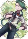  1girl black_gloves black_pants brown_shirt closed_mouth collared_shirt gloves green_hair hand_on_own_hip highres holding holding_poke_ball kotobukkii_(yt_lvlv) long_hair looking_at_viewer pants poke_ball pokemon pokemon_(game) pokemon_sv red_eyes reverse_trap rika_(pokemon) shirt sleeves_past_elbows solo suspenders 