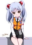  1girl artist_name black_necktie black_skirt blue_hair brown_eyes hair_bobbles hair_ornament hand_on_own_thigh highres hoshino_ruri kidou_senkan_nadesico long_hair looking_at_viewer miniskirt necktie orange_vest ru-ha shirt sitting skirt smile solo thighs twintails vest white_shirt 