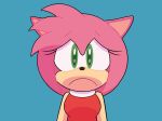  1girl amy_rose blue_background deejamari dress furry furry_female green_eyes highres looking_at_viewer red_dress sad simple_background solo sonic_(series) sonic_adventure straight-on upper_body 