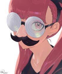  1girl absurdres black_hairband character_name dated eyes_visible_through_eyewear fake_facial_hair fake_mustache fake_nose groucho_glasses hairband highres ima_(shineidie) long_hair looking_at_viewer pink_eyes pink_hair portrait solo the_hundred_line_-last_defense_academy- tsukumo_kako variant_set white_background 