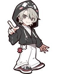 +_+ 1boy anime_coloring arm_at_side black_hood black_jacket black_shoes black_sleeve_cuffs black_sleeves blush_stickers closed_mouth crazy_raccoon denim drawstring foot_up full_body grey_eyes grey_hair greyscale hood hood_up hooded_jacket jacket jeans jewelry laces male_focus middle_ring monochrome multicolored_shoes no_nose official_art pants partially_open_jacket partially_unzipped pocket pointing print_hood puppeteer7777 quarter-zip ribbed_sweater ring second-party_source shoes short_hair single_hair_intake sleeve_cuffs smile solo sweater tachi-e thick_lineart toggles tototmix transparent_background turtleneck turtleneck_sweater white_pants white_sweater x_ornament zipper_pull_tab 