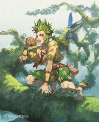  1boy barefoot belt belt_pouch bird blue_bird brown_belt eating fangs final_fantasy final_fantasy_vi fingernails food full_body gau green_hair green_shorts holding holding_food in_tree low_ponytail male_focus midriff official_art open_mouth ponytail pouch print_shorts red_eyes sharp_fingernails sharp_toenails shawl shorts sidelocks solo square_enix squatting toenails tree yellow_shawl 