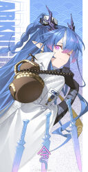  1girl 9_vcat arknights black_gloves blue_eyes blue_hair braid braided_ponytail character_name closed_mouth coat colored_extremities dragon_horns earrings english_text from_behind gloves gourd highres horns jewelry ling_(arknights) long_hair looking_at_viewer looking_back multicolored_eyes multicolored_hair one_eye_closed pink_eyes pointy_ears smile solo streaked_hair very_long_hair violet_eyes watermark weibo_username weibo_watermark white_coat white_hair 