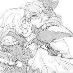  2girls blush bow dress drill_hair eye_contact fang gloves greyscale gwen_(league_of_legends) hair_bow hand_up league_of_legends long_hair long_sleeves looking_at_another monochrome multiple_girls poppy_(league_of_legends) profile puffy_short_sleeves puffy_sleeves short_sleeves shoulder_plates tearing_up tears twin_drills twintails xayahsona_27 