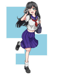  1girl ;d black_hair blue_background blue_eyes blue_sailor_collar blue_skirt cellphone flower full_body hair_flower hair_ornament holding holding_phone hotineko loafers long_hair midriff navel neckerchief one_eye_closed phone pleated_skirt red_neckerchief sailor_collar sakugawa_school_uniform saten_ruiko school_uniform serafuku shirt shoes skirt smartphone smile socks solo standing standing_on_one_leg toaru_kagaku_no_railgun toaru_majutsu_no_index two-tone_background white_background white_shirt white_socks 